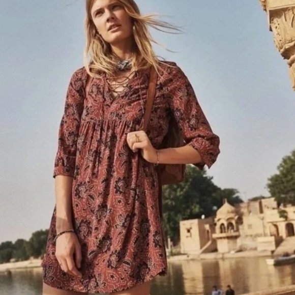 Madewell Women’s Silk Lace-up Floral Dress Size M Babydoll Peasant Sleeves - Picture 2 of 5